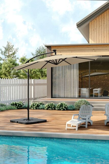 Living and Home Outdoor 32 LED Lighted Patio Umbrella with Crank Lift System, 2 Bases Set in Beige - image 1