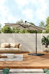 Living and Home Outdoor 32 LED Lighted Patio Umbrella with Crank Lift System, 2 Bases Set in Beige - thumbnail 3