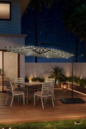 Living and Home Outdoor 32 LED Lighted Patio Umbrella with Crank Lift System, 2 Bases Set in Beige - thumbnail 2