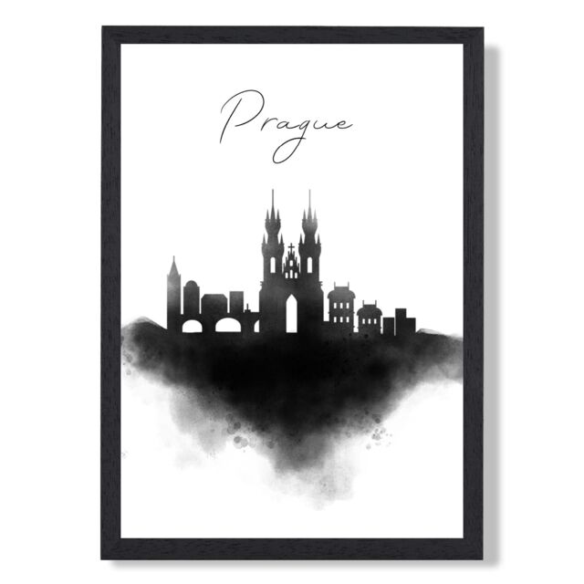ARTZE Prague Watercolour Skyline City Framed Print SIZE: A4 with Black Frame - Size: A2 - image 1