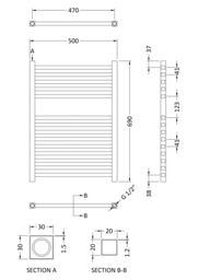 Balterley Electric Vertical Square Towel Rail 200 Watt Chrome 690x 500mm in Silver - thumbnail 2