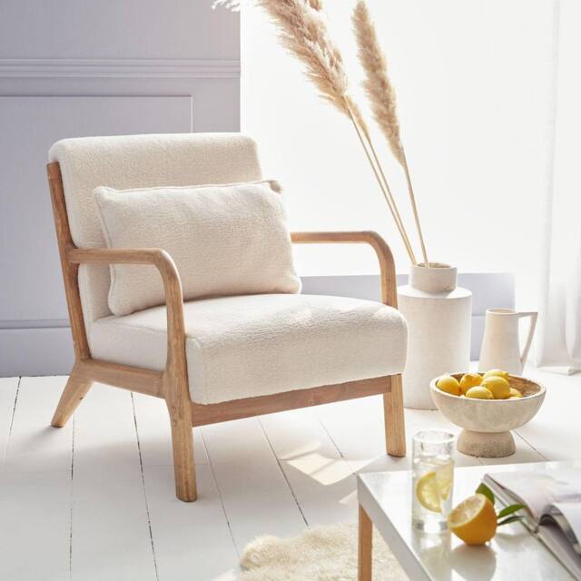 sweeek Scandi-style Boucle Wooden Armchair With Cushion in White - image 1