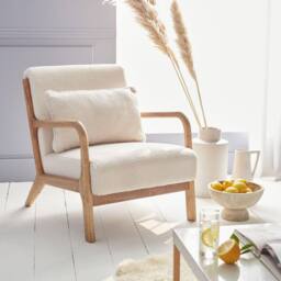 sweeek Scandi-style Boucle Wooden Armchair With Cushion in White - thumbnail 1