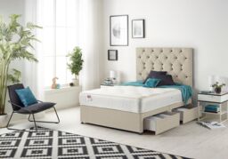 Somnior Premier Tweed Fabric Sprung Memory Foam 4 Drawer Divan Bed Set with Upholstered Headboard in Natural - Size: Double