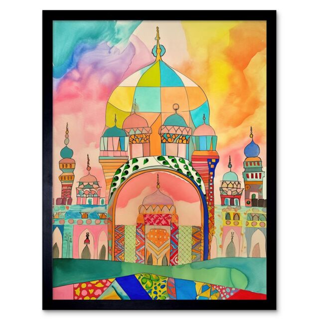 "Artery8 Wall Art Print Abstract Mosque Islam Folk Art Framed in Black - Size: W12"" x H16""" - image 1
