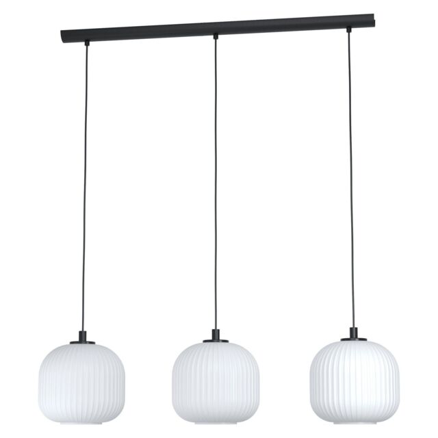 Loops Pendant Ceiling 3 Bulb Light Colour Black Shade White Ridged Glass E27 3x40W - image 1