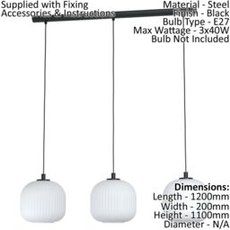 Loops Pendant Ceiling 3 Bulb Light Colour Black Shade White Ridged Glass E27 3x40W - thumbnail 2