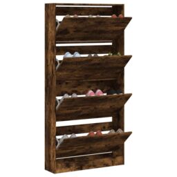 Berkfield Home Shoe Cabinet with 4 Flip-Drawers Smoked Oak 80x21x163.5 cm in Brown - thumbnail 4