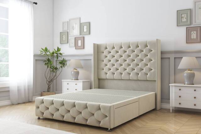 "Sloomy Luthor Plush Divan Base No Drawers - 54"" Wingback & 12"" Footboard in Cream - Size: Small Single" - image 1