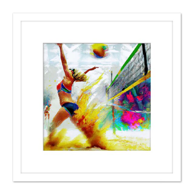 Artery8 Women's Beach Volleyball Match Action Shot Modern Abstract Colourful Oil Paint Square Wooden Framed Wall Art Print Picture 8X8 Inch in White - image 1