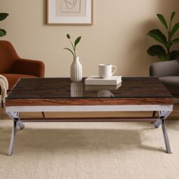Orsina Natural Wood Coffee Table With Cross Base Design, Rectangular Wooden Table For Livingroom, Solid Mango Wood - thumbnail 1