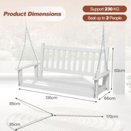 Costway 2-Person Porch Hanging Swing Chair Wooden Garden Swing Bench w/ Slatted Back in White - thumbnail 6