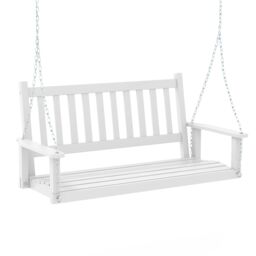 Costway 2-Person Porch Hanging Swing Chair Wooden Garden Swing Bench w/ Slatted Back in White - thumbnail 5