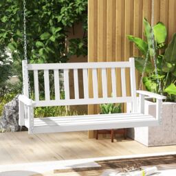 Costway 2-Person Porch Hanging Swing Chair Wooden Garden Swing Bench w/ Slatted Back in White - thumbnail 2