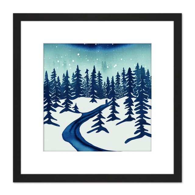 Artery8 Forest Landscape With River Winter Night Scene Watercolour Painting Navy White Square Wooden Framed Wall Art Print Picture 8X8 Inch in Black - image 1