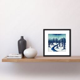 Artery8 Forest Landscape With River Winter Night Scene Watercolour Painting Navy White Square Wooden Framed Wall Art Print Picture 8X8 Inch in Black - thumbnail 2