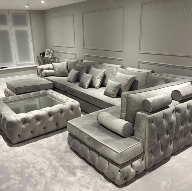 HOB Furniture Fully Buttoned Chesterfield Chaise End Sofa - Sofa Only - 14ftx7ftx7ft in Pale Grey - image 1