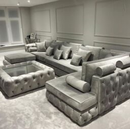 HOB Furniture Fully Buttoned Chesterfield Chaise End Sofa - Sofa Only - 14ftx7ftx7ft in Pale Grey
