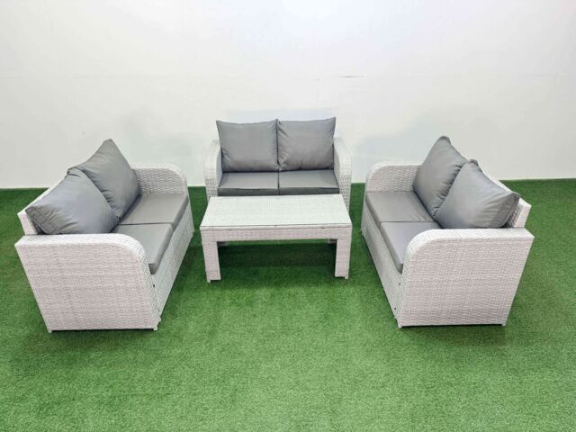 Fimous 6 Seater PE Wicker Rattan Furniture Sofa Sets with Oblong Coffee Table 2 Seater Love Sofa Light Grey - image 1