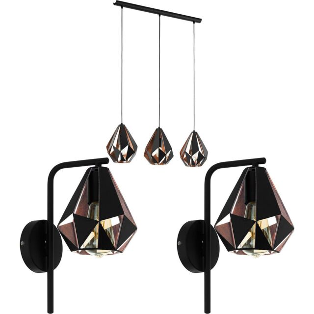 Loops 3 Bulb Ceiling Pendant Light & 2x Matching Wall Lights Black & Copper Geometric - image 1