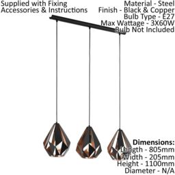 Loops 3 Bulb Ceiling Pendant Light & 2x Matching Wall Lights Black & Copper Geometric - thumbnail 2