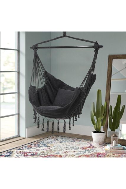 H&O Direct Foldable Canvas Leisure Reading Hammock Chair Hanging Rope Swing with 2 Cushions & Side Pocket for Books, Max 440 Lbs in Dark Grey - image 1