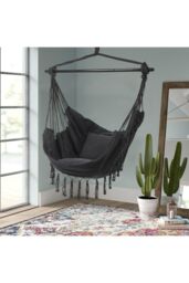 H&O Direct Foldable Canvas Leisure Reading Hammock Chair Hanging Rope Swing with 2 Cushions & Side Pocket for Books, Max 440 Lbs in Dark Grey