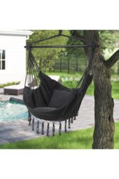 H&O Direct Foldable Canvas Leisure Reading Hammock Chair Hanging Rope Swing with 2 Cushions & Side Pocket for Books, Max 440 Lbs in Dark Grey - thumbnail 2