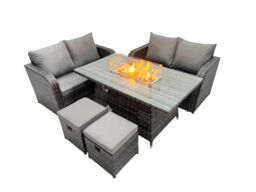 Fimous 6-seater Rattan Garden Furniture Dining Set with 2 Small Stools in Dark Grey - thumbnail 2