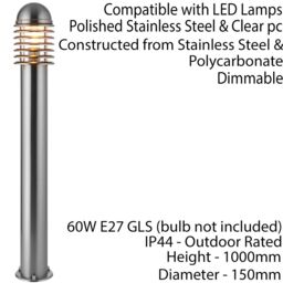 Loops 4 PACK 1m Outdoor Post Bollard Light Polished Steel Vandal Proof Pathway Lamp in Metallics - thumbnail 3