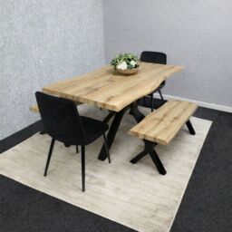 KOSY KOALA Wooden Dining Table with Benche & 2 Black Velvet Chairs, Stylish Dining Room Furniture