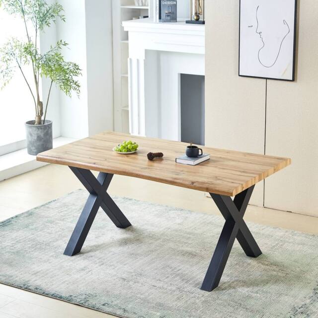 HomeTouch Weston Natural Oak Wood Veneer Live Edge Dining Table 160cm Kitchen Table in Walnut - Size: 1 Pack - image 1