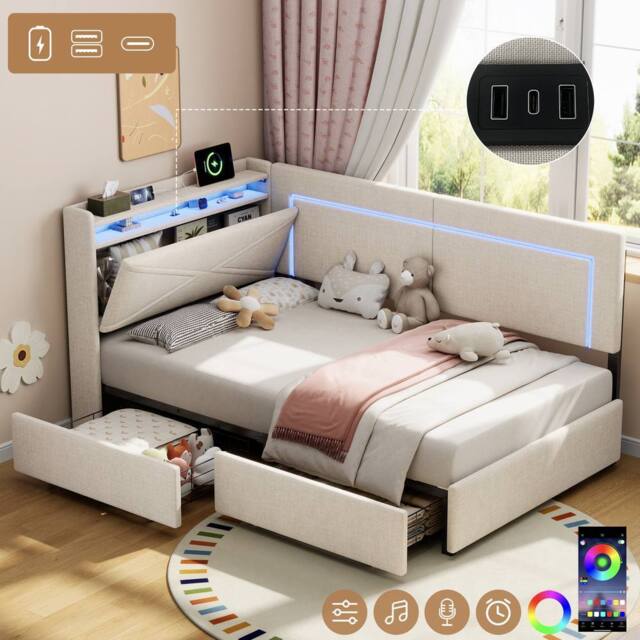 Matteo Beige Linen Single Daybed - LED Headboard, Storage & USB Charging - image 1