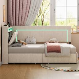 Matteo Beige Linen Single Daybed - LED Headboard, Storage & USB Charging - thumbnail 5