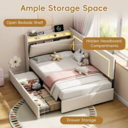 Matteo Beige Linen Single Daybed - LED Headboard, Storage & USB Charging - thumbnail 6