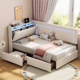 Matteo Beige Linen Single Daybed - LED Headboard, Storage & USB Charging - thumbnail 4