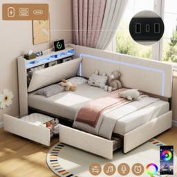 Matteo Beige Linen Single Daybed - LED Headboard, Storage & USB Charging - thumbnail 1