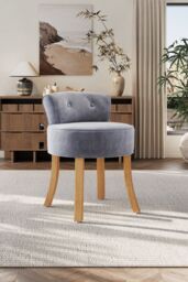 Grey Velvet Vanity Stool Dressing Chair with Natural Color Legs - thumbnail 2
