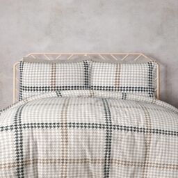 Smart Living Luxury Easy Care Houndstooth Check Brushed Cotton Duvet Cover Set in Natural - Size: Super King - thumbnail 1