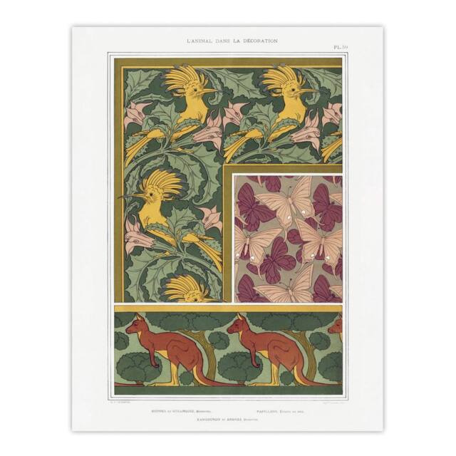 "Artery8 Birds Butterflies Kangaroo Pattern Wall Art Print Verneuil in Green - Size: W24"" x H32""" - image 1