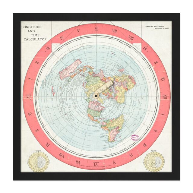 "Artery8 Wall Art Print Map Gleason 1892 World Time Calculator Flat Earth Square Framed Picture 16X16 Inch in Black - Size: W16"" x H16""" - image 1