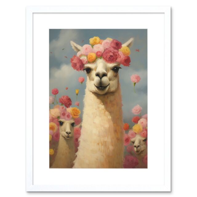 "Artery8 Wall Art Print The Llama Wedding Rose Bloom Flower Headdress Fun Artwork Kids Bedroom Artwork Framed 9X7 Inch in White - Size: W7"" x H9""" - image 1