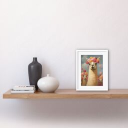 "Artery8 Wall Art Print The Llama Wedding Rose Bloom Flower Headdress Fun Artwork Kids Bedroom Artwork Framed 9X7 Inch in White - Size: W7"" x H9""" - thumbnail 2