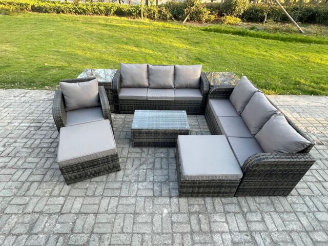 Fimous 9 Seater Rattan Lounge Sofa Set Outdoor Garden Furniture Set with Rectangular Coffee Table 3 Seater Sofa 2 Big Footstool 2 Side Tables - image 1