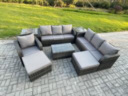 Fimous 9 Seater Rattan Lounge Sofa Set Outdoor Garden Furniture Set with Rectangular Coffee Table 3 Seater Sofa 2 Big Footstool 2 Side Tables - thumbnail 2