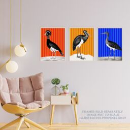 Artery8 Wall Art Print Pack of 3 A4 Bird on Striped Blue Yellow Orange Colourful Bright Modern Living Room s Set - thumbnail 3