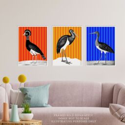 Artery8 Wall Art Print Pack of 3 A4 Bird on Striped Blue Yellow Orange Colourful Bright Modern Living Room s Set - thumbnail 2