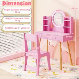 Costway Kids Vanity Set Princess Vanity Desk Set w/ LED Lighted Mirror in Pink - thumbnail 2