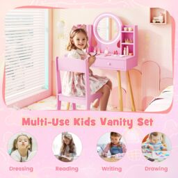 Costway Kids Vanity Set Princess Vanity Desk Set w/ LED Lighted Mirror in Pink - thumbnail 5