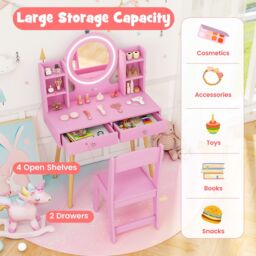 Costway Kids Vanity Set Princess Vanity Desk Set w/ LED Lighted Mirror in Pink - thumbnail 6